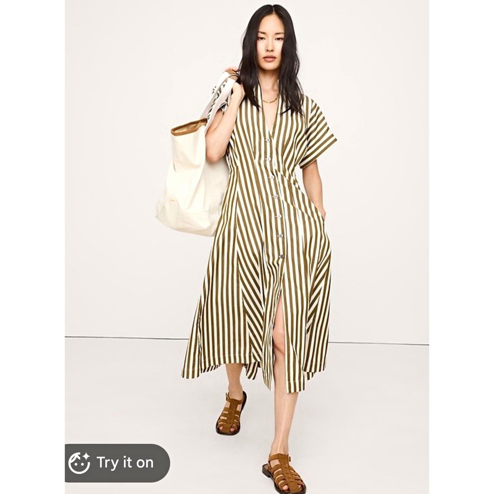 Banana Republic $180 Striped Poplin Shirt Dress V-Neck Pockets Olive/White 4